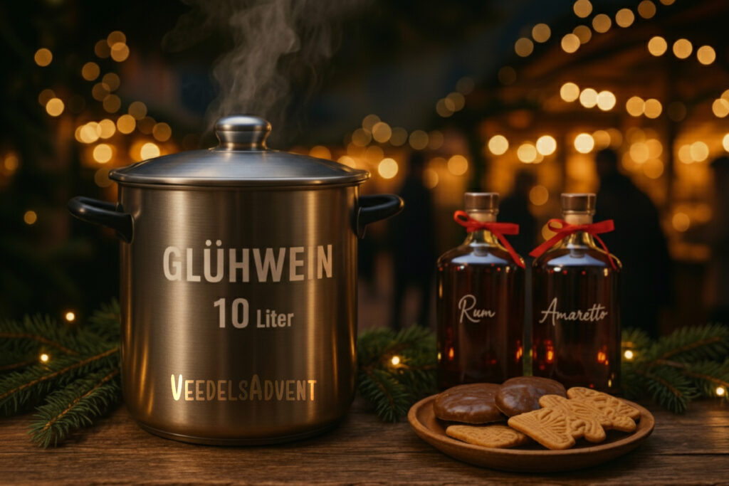 Glühweintopf mit Rum, Amaretto und Gebäck.