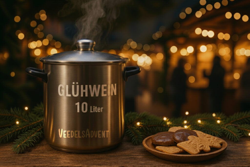 Topf mit Glühwein auf Weihnachtsmarkt