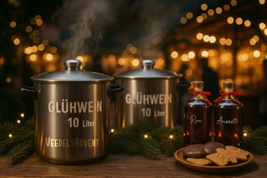 Glühweinkessel und Plätzchen auf Weihnachtsmarkt