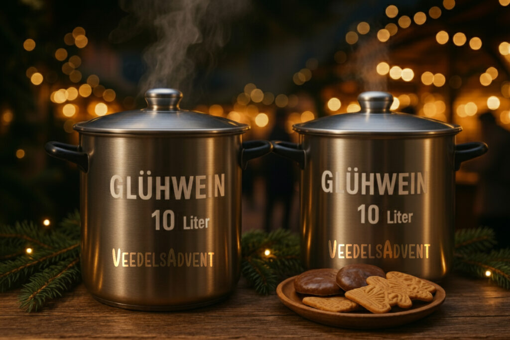 Glühweintöpfe mit Keksen auf Adventsmarkt