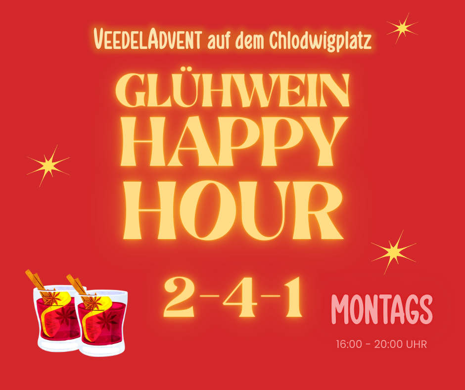Glühwein Happy Hour Angebot auf rotem Hintergrund.