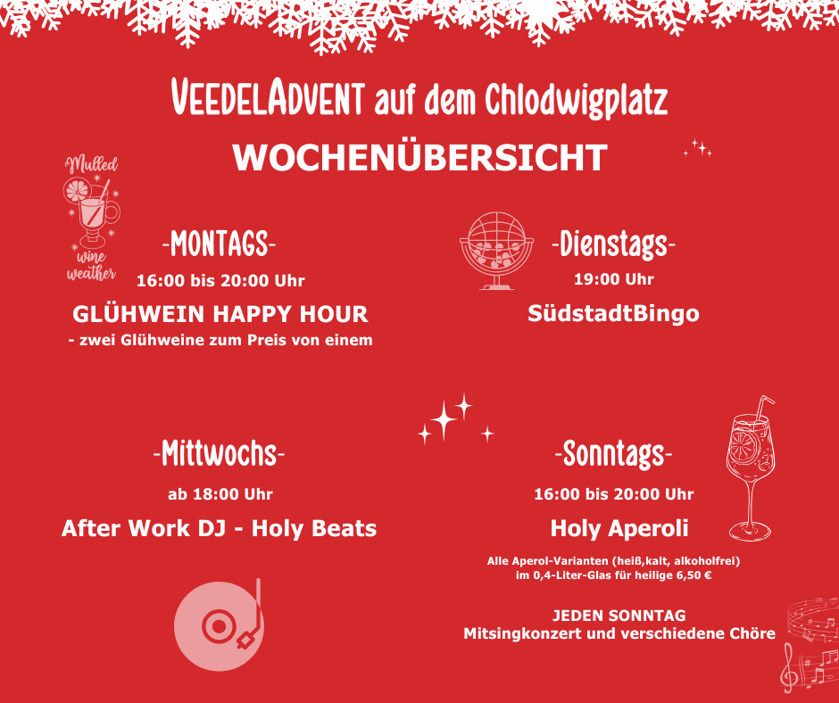 VeedelAdvent Chlodwigplatz Wochenübersicht mit Events, Uhrzeiten.